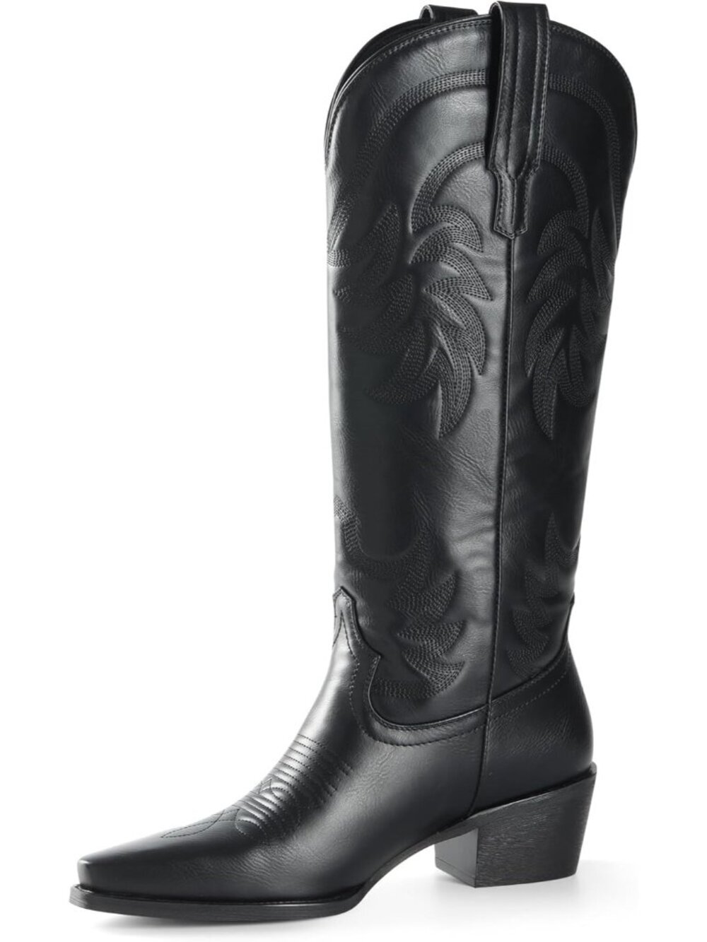 Women Midnight Blacl Faux Leather Knee High Pointed Toe Block Heel Cowboy Boots